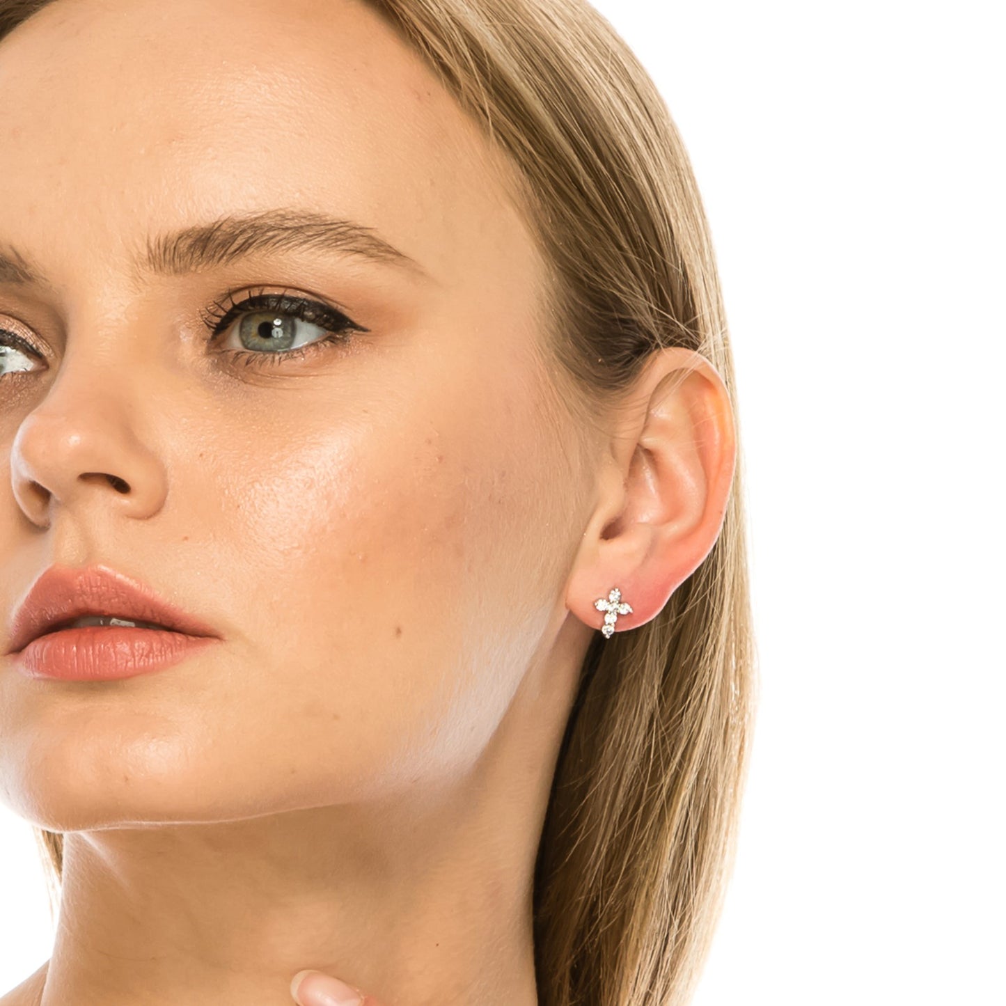 SS071507-Sterling Silver Post Cubic Zirconia Stone Brass Metal Stud Earrings