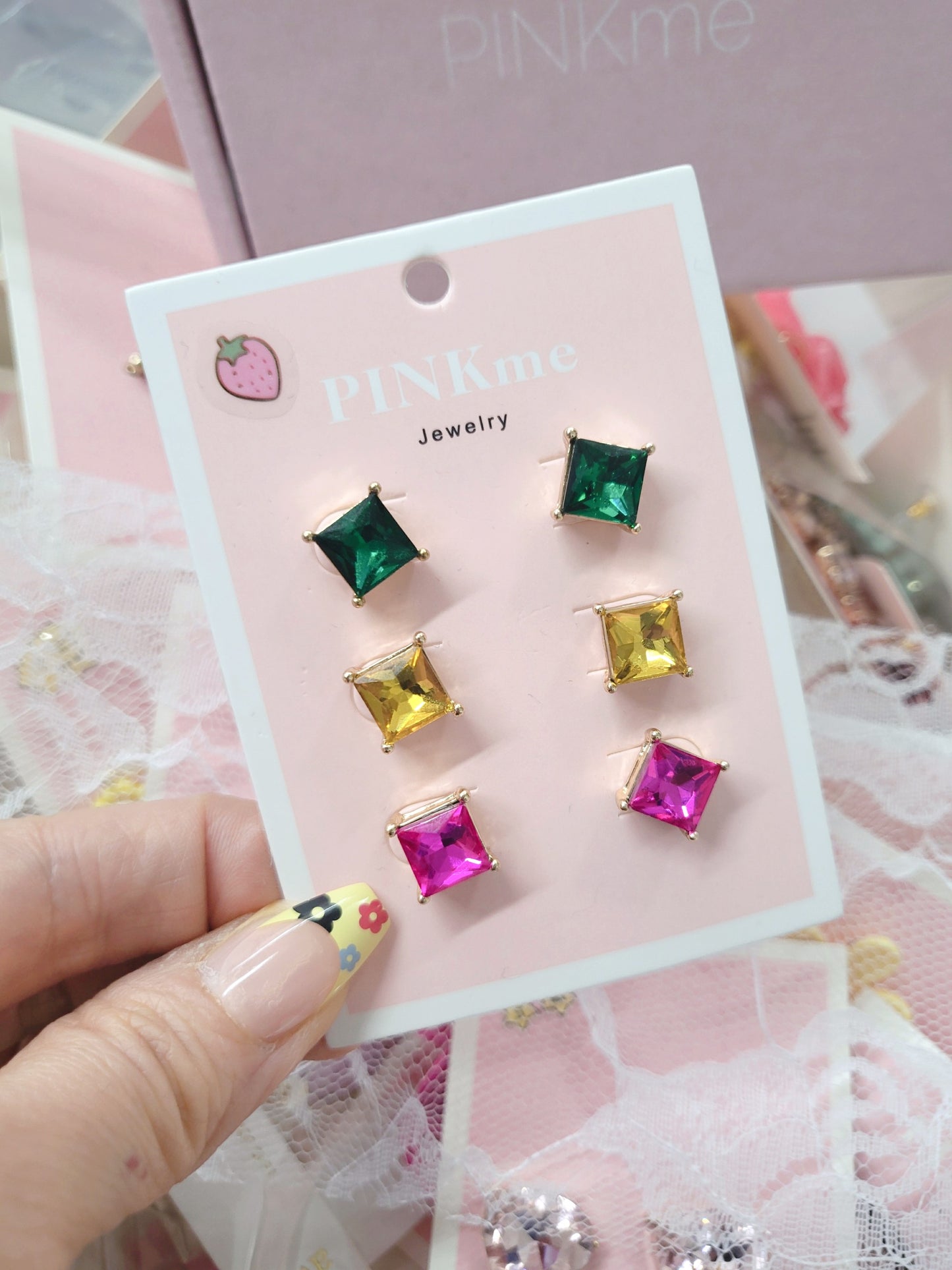 Square 3 set Multi Stone Stud Earring