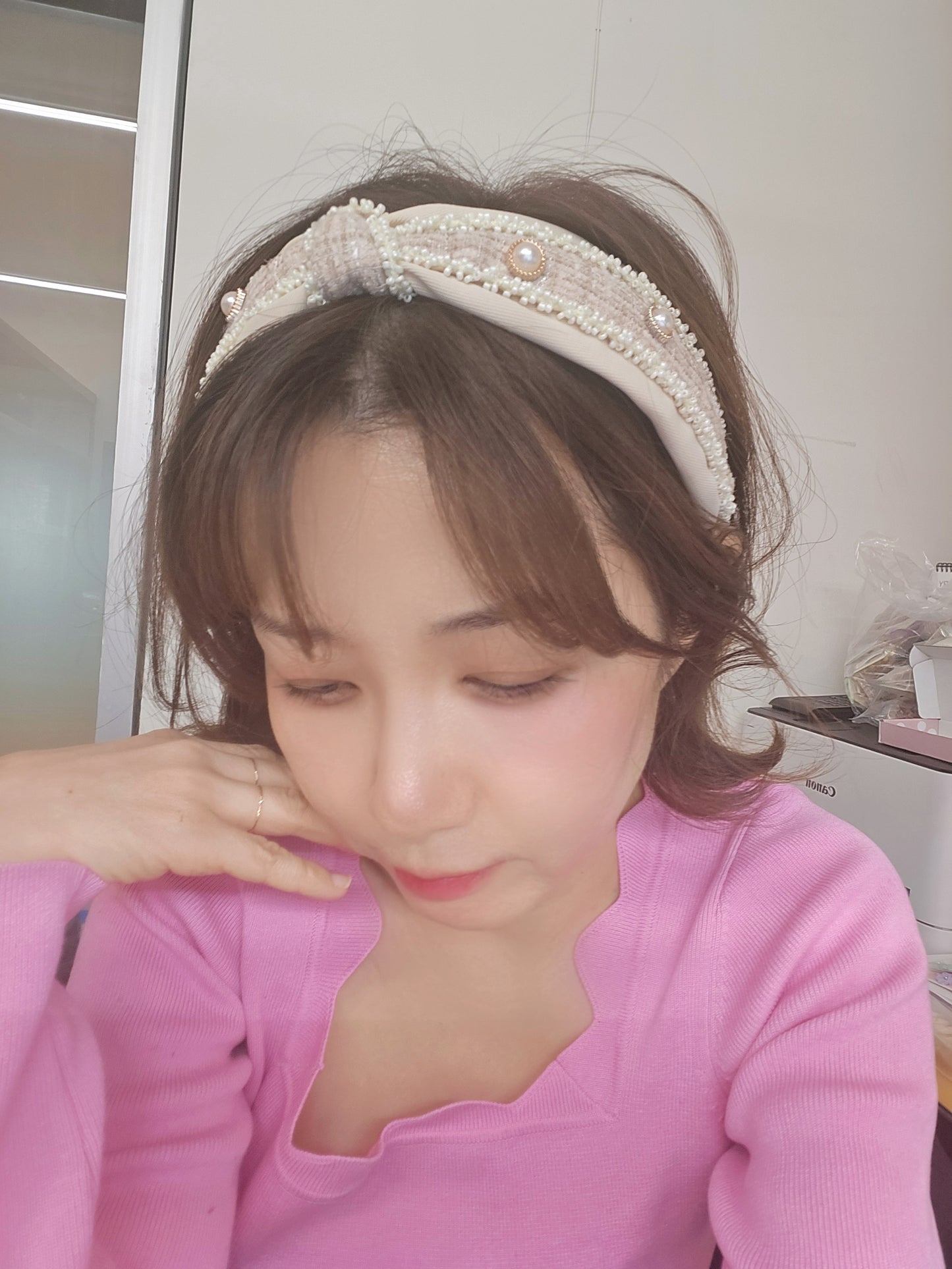 Brown Pearl Tied Thick Hairband