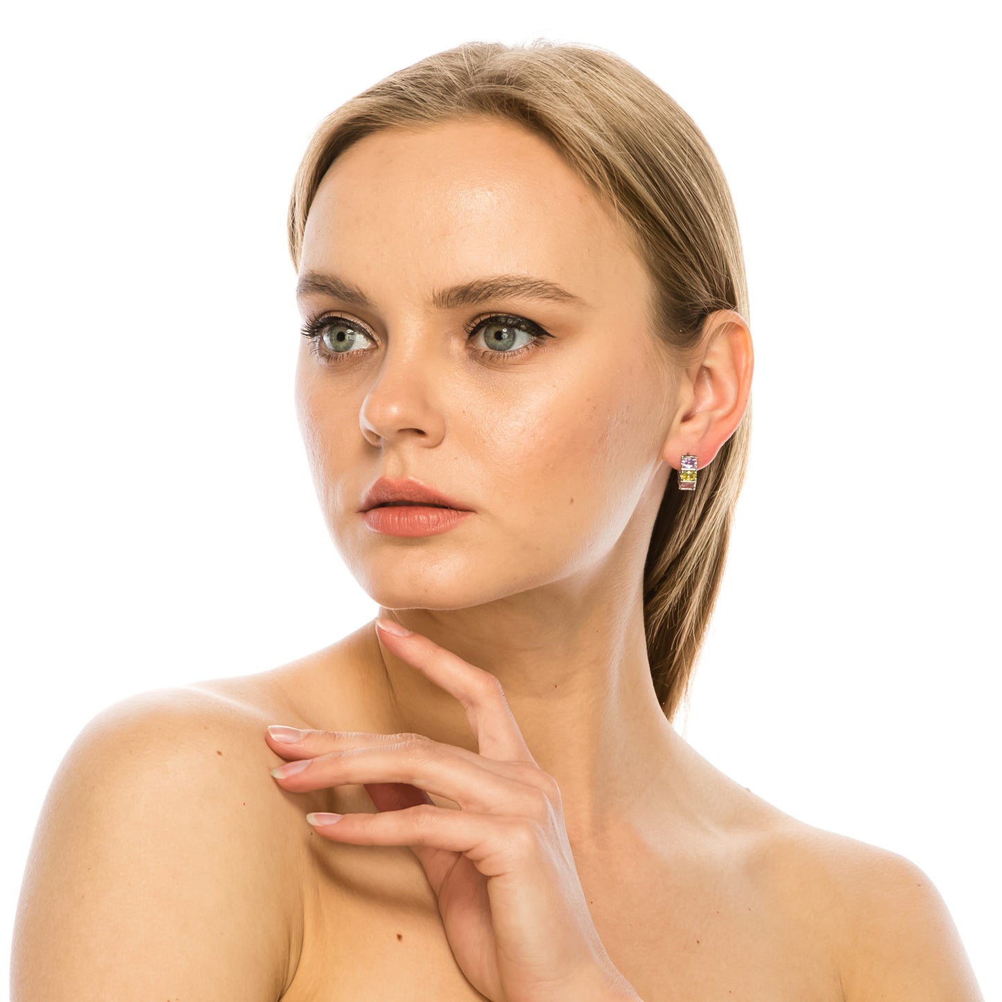 SS071535-Sterling Silver Post Cubic Zirconia Stone Brass Metal Hoop Earrings