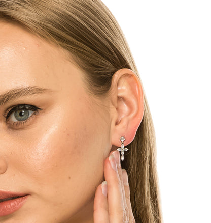 SS071511-Sterling Silver Post Cubic Zirconia Stone Brass Metal Dangle Earrings