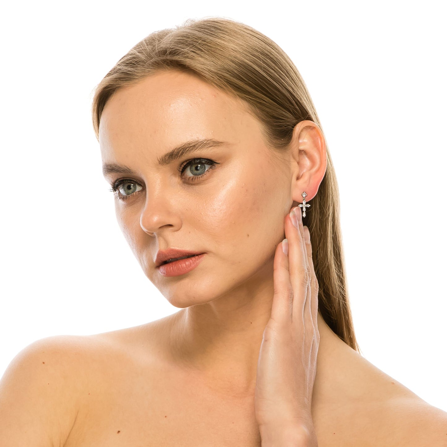 SS071511-Sterling Silver Post Cubic Zirconia Stone Brass Metal Dangle Earrings