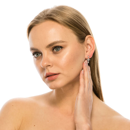 SS071511-Sterling Silver Post Cubic Zirconia Stone Brass Metal Dangle Earrings