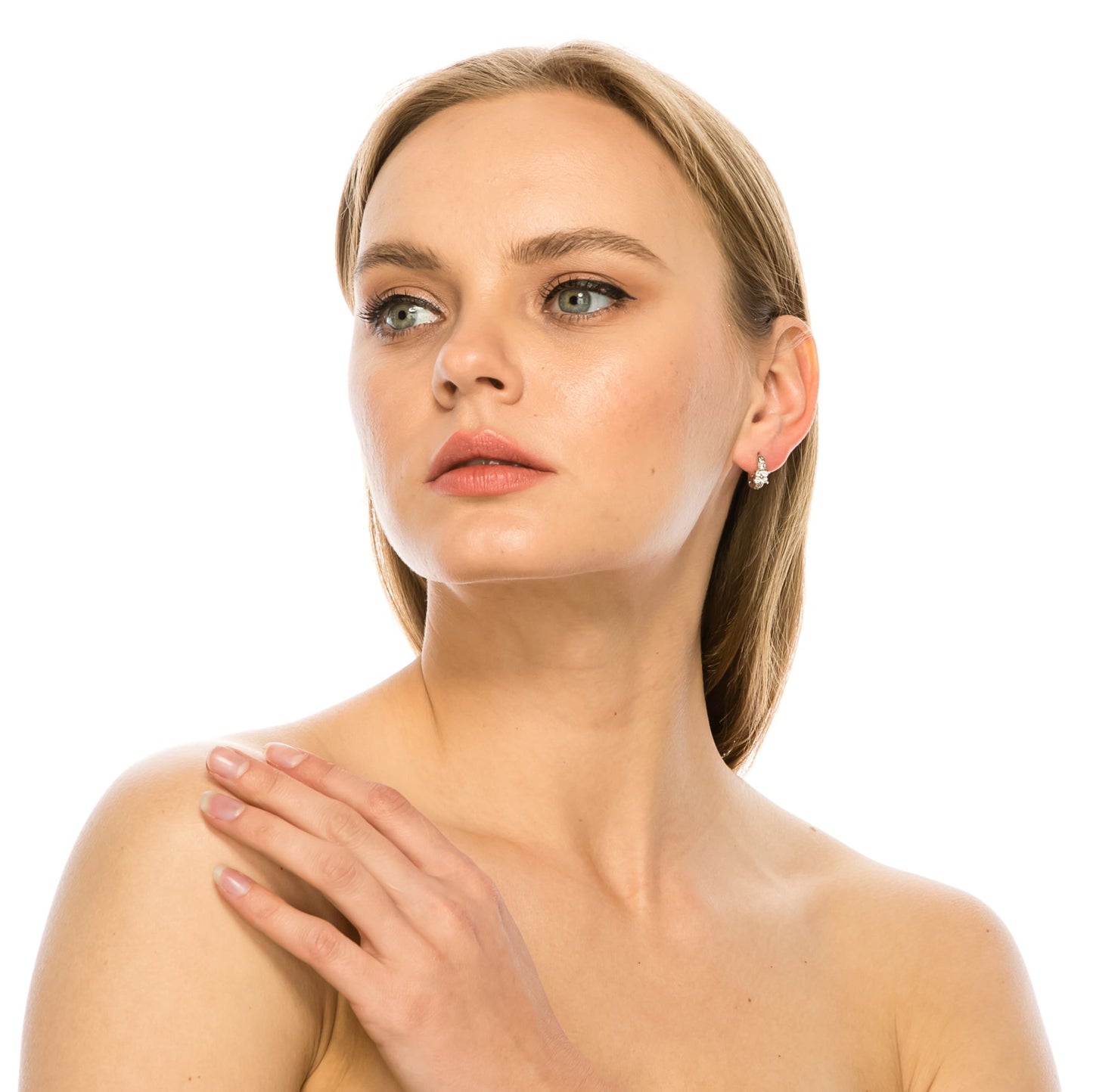 SS071545-Sterling Silver Post Cubic Zirconia Stone Brass Metal Hoop Earrings