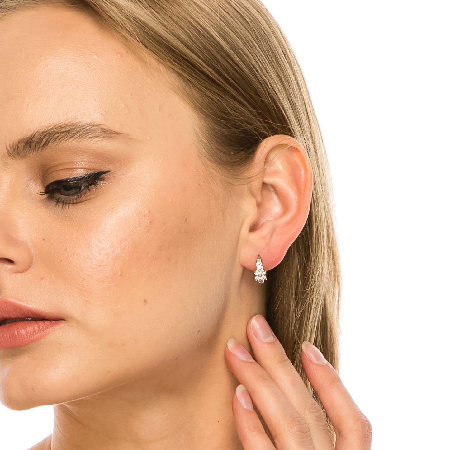 SS071545-Sterling Silver Post Cubic Zirconia Stone Brass Metal Hoop Earrings