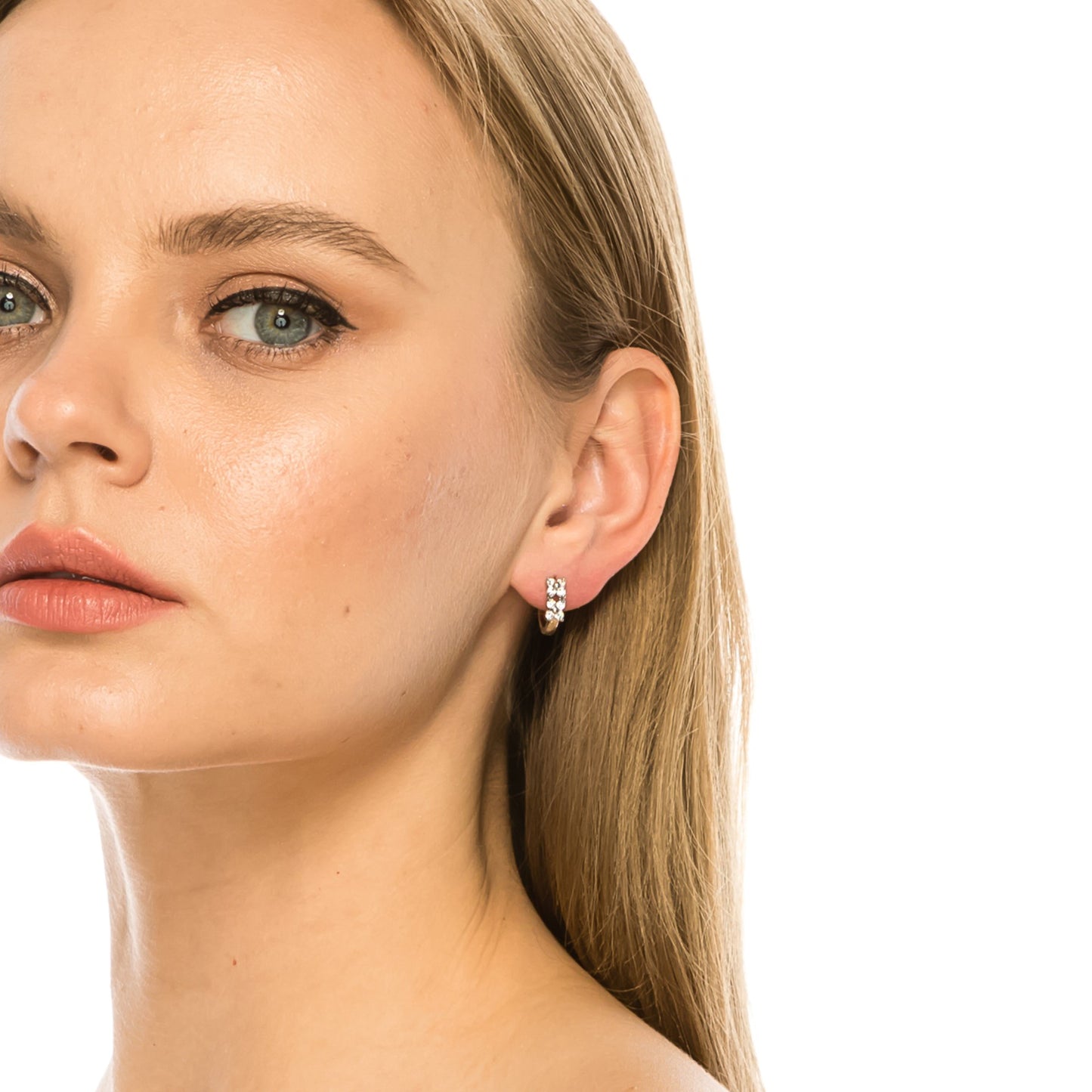 SS071544-Sterling Silver Post Cubic Zirconia Stone Brass Metal Hoop Earrings