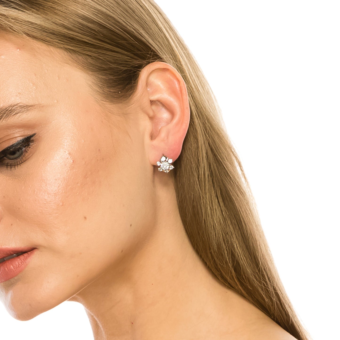 SS071528-Sterling Silver Post Cubic Zirconia Stone Brass Metal Hoop Earrings