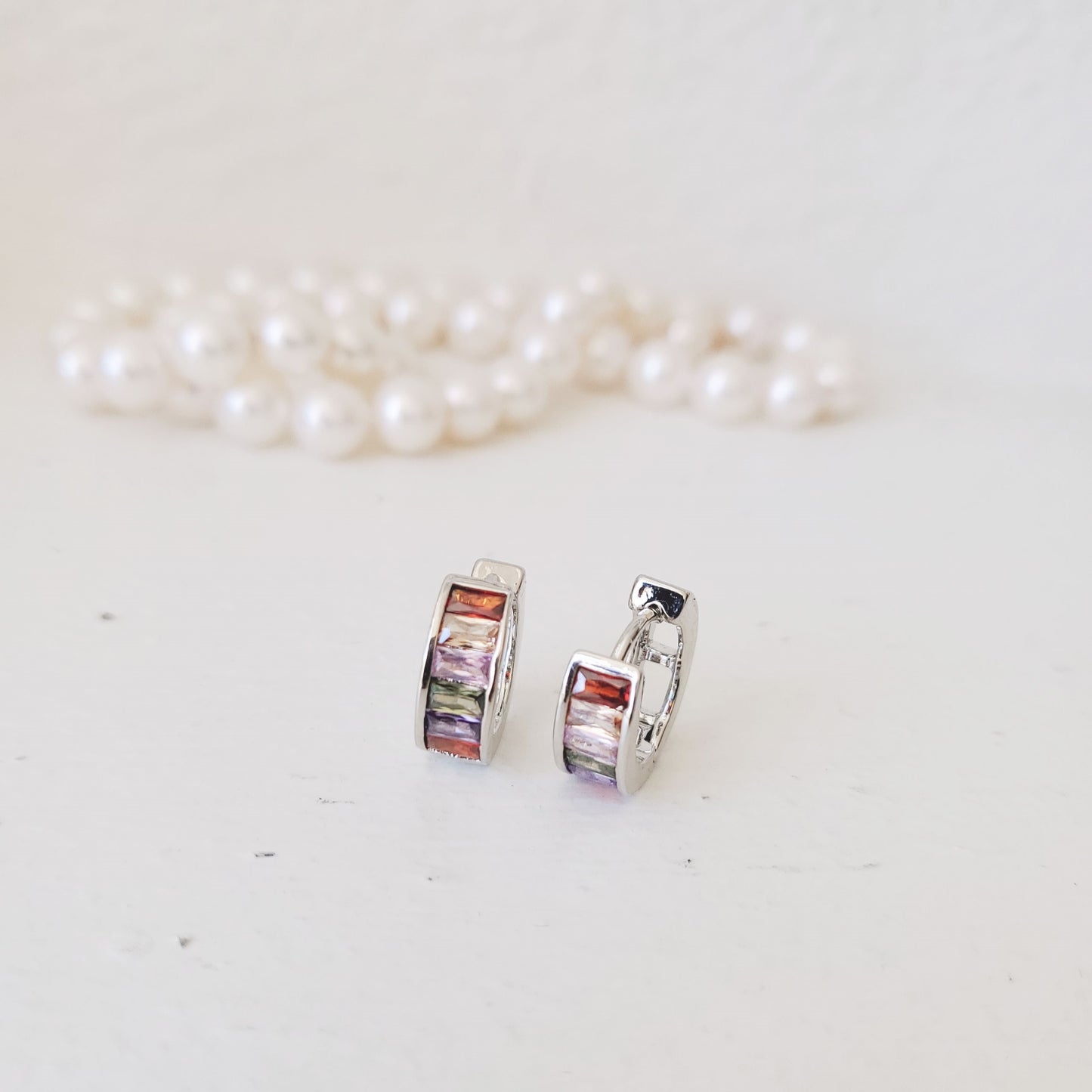 SS071526-Sterling Silver Post Cubic Zirconia Stone Brass Metal Hoop Earrings