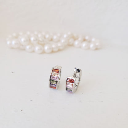 SS071526-Sterling Silver Post Cubic Zirconia Stone Brass Metal Hoop Earrings