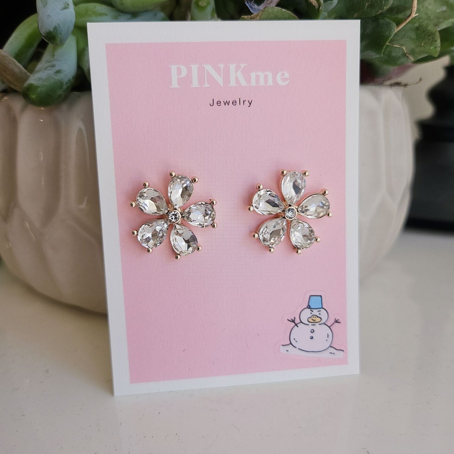 Flower with Clear Stone Stud Earring