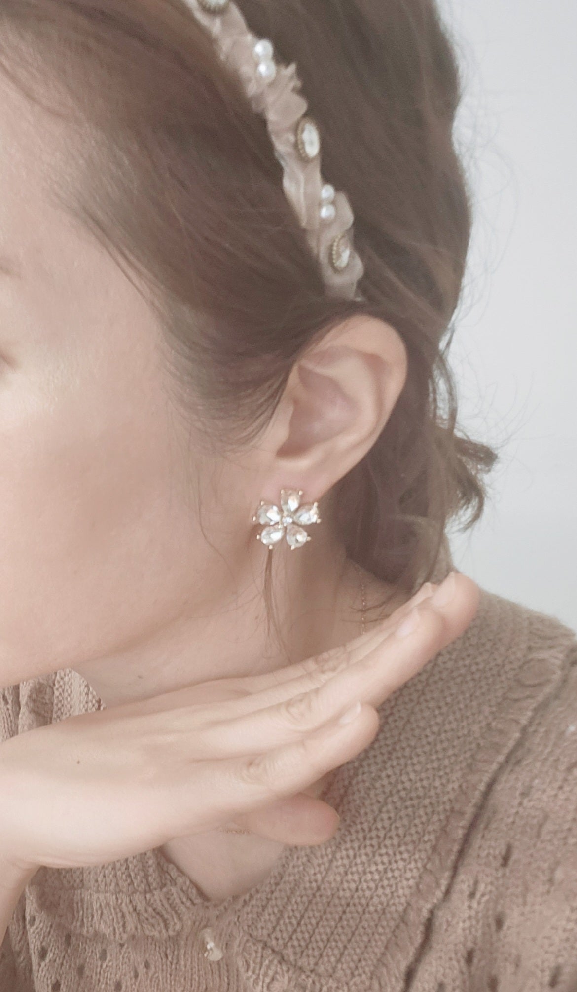 Flower with Clear Stone Stud Earring