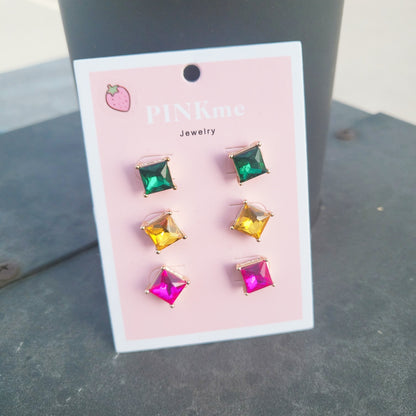 Square 3 set Multi Stone Stud Earring
