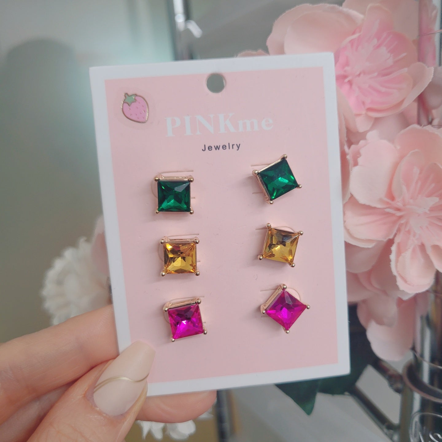 Square 3 set Multi Stone Stud Earring