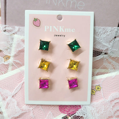 Square 3 set Multi Stone Stud Earring