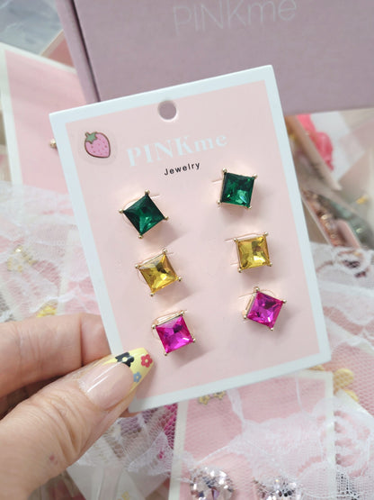 Square 3 set Multi Stone Stud Earring