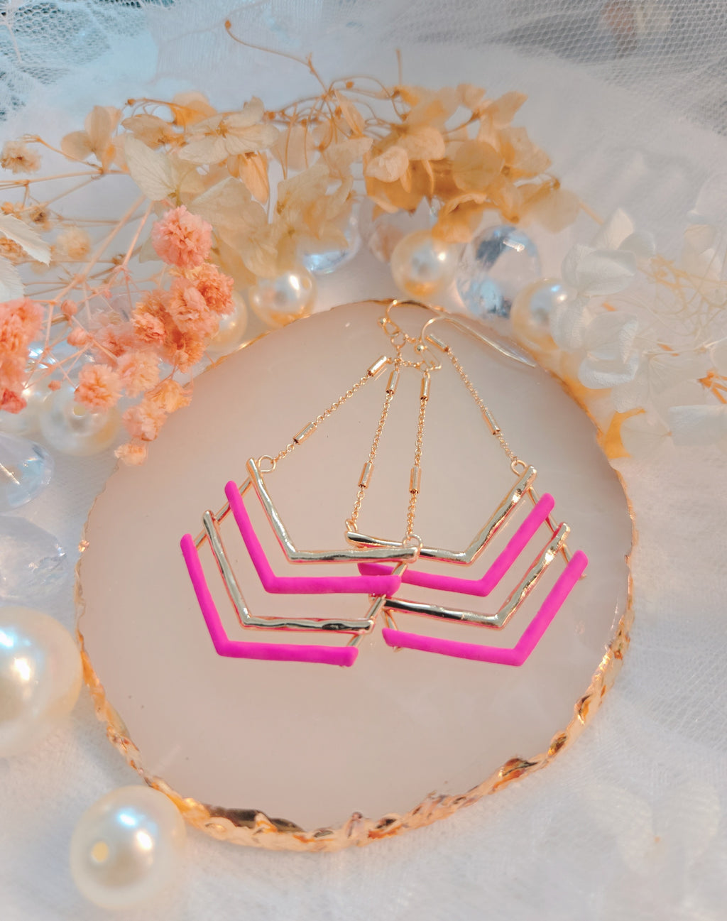 Pink & Gold Chevron Dangle Earrings