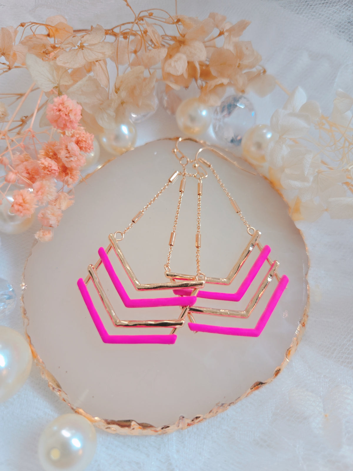Pink & Gold Chevron Dangle Earrings