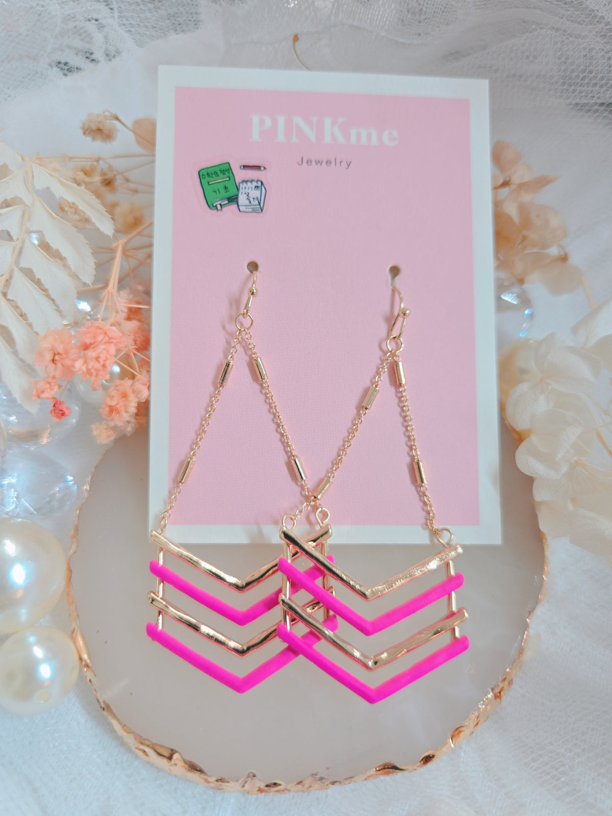 Pink & Gold Chevron Dangle Earrings