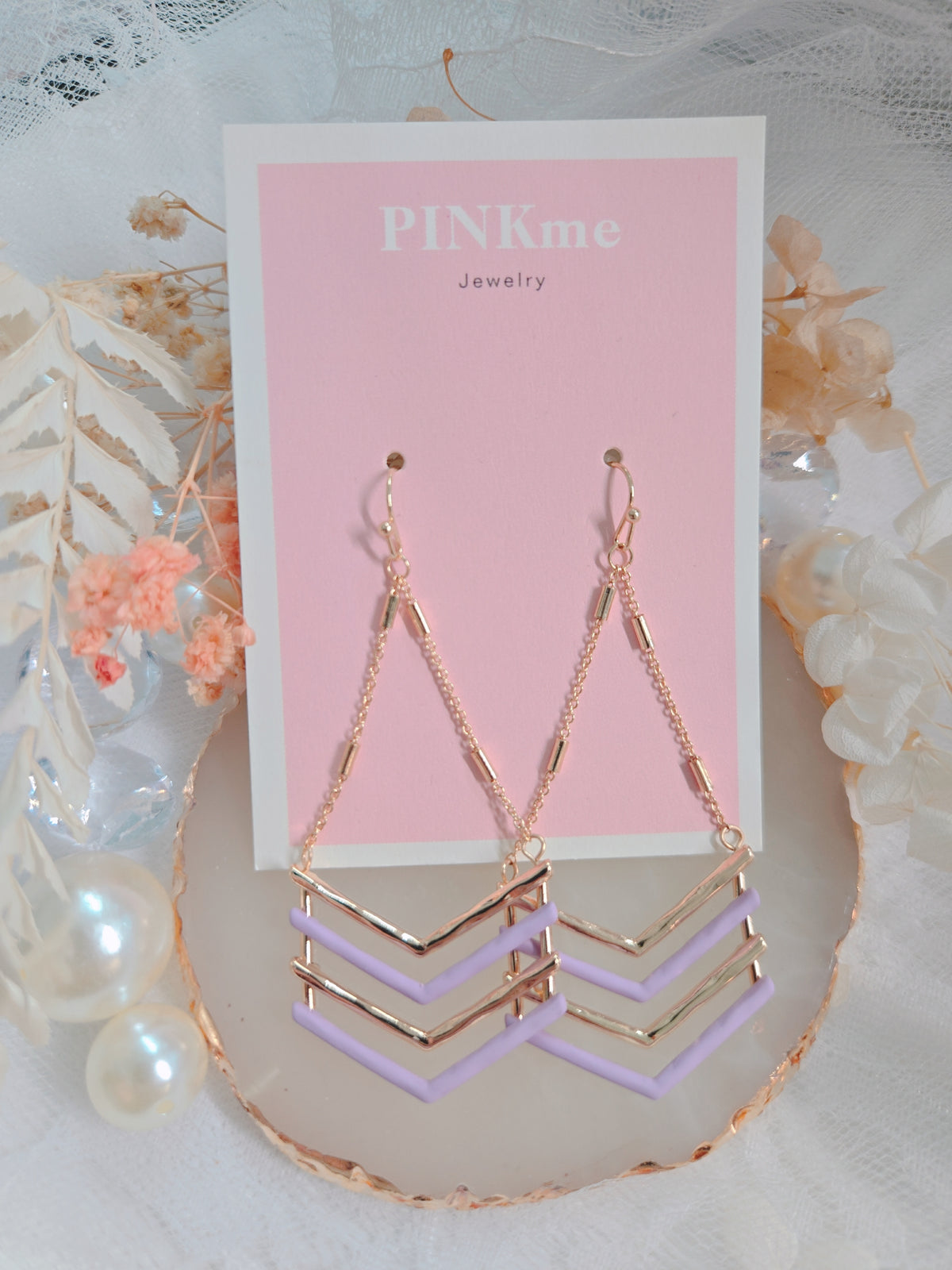 Pink & Gold Chevron Dangle Earrings