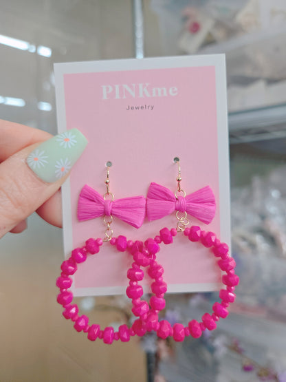 Pink Ribbon with Round Bead Dangle Earring