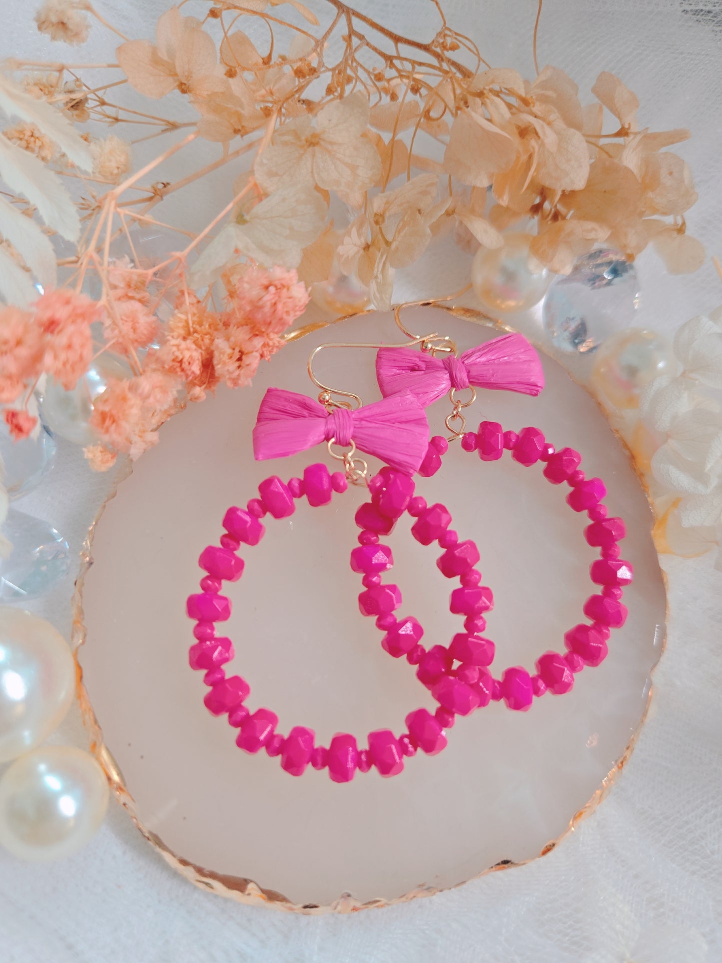 Pink Ribbon with Round Bead Dangle Earring