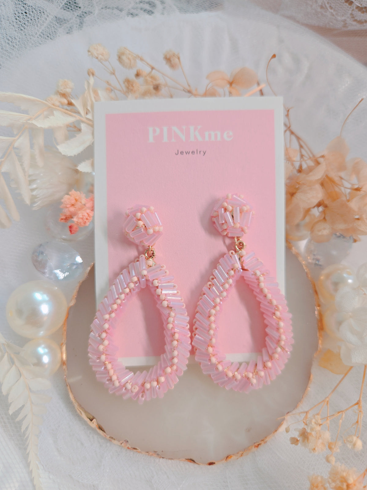 Pink Beaded Teardrop Earrings