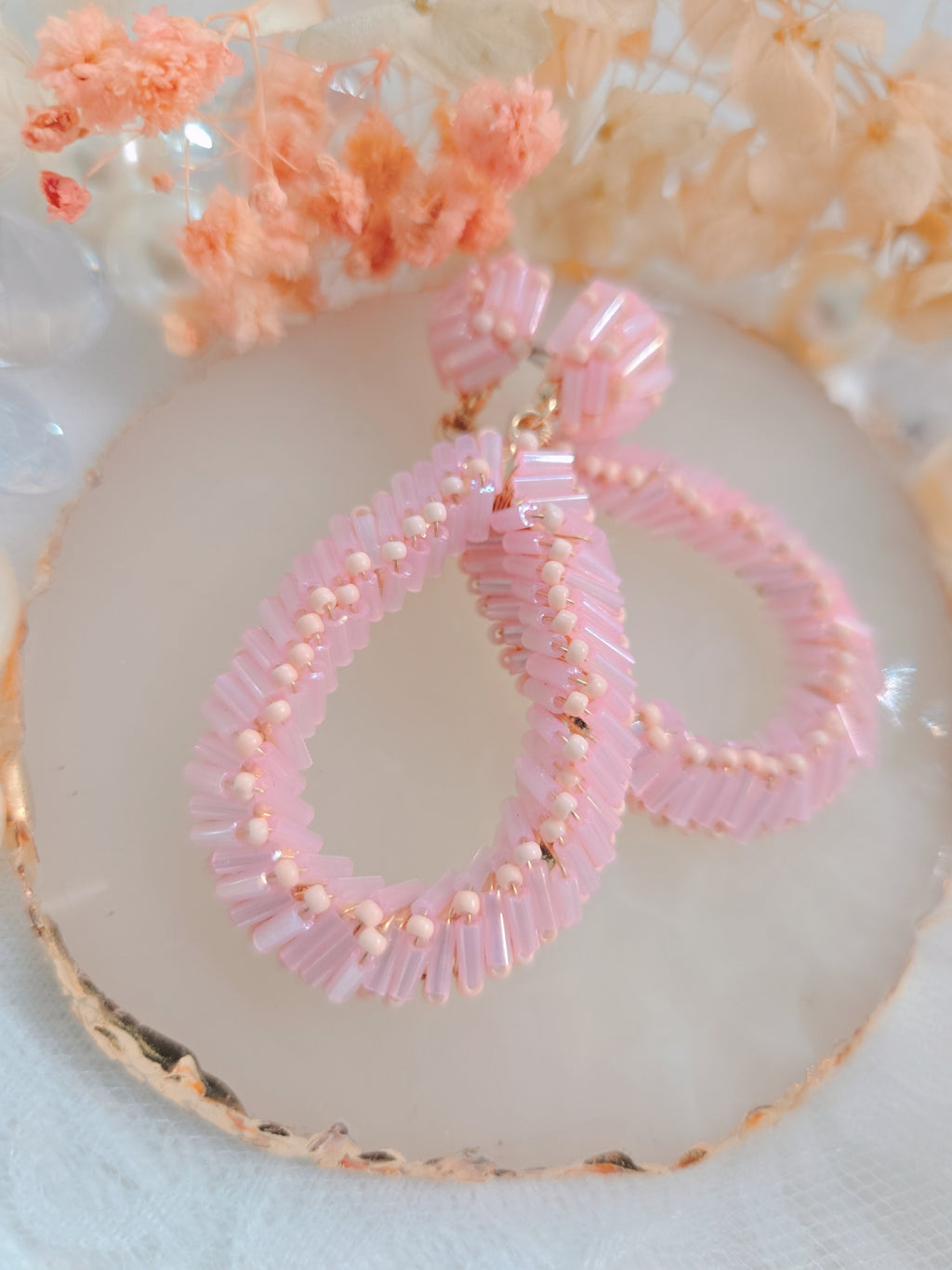 Pink Beaded Teardrop Earrings