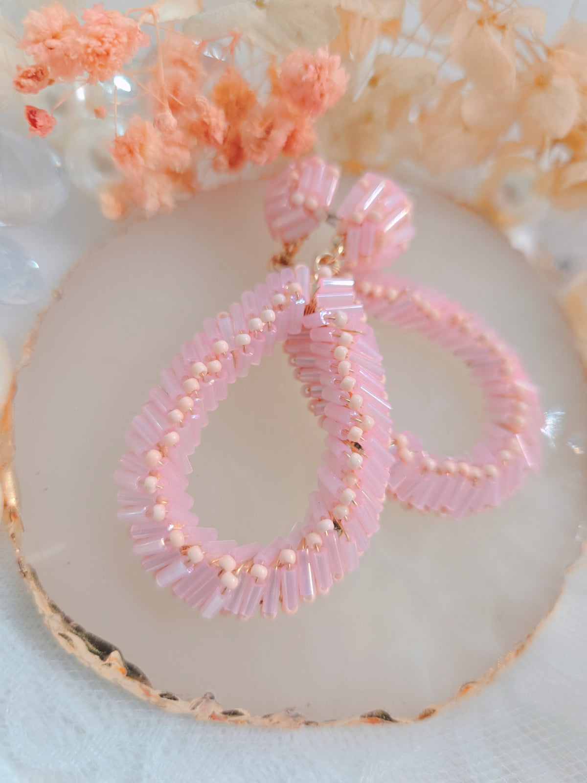 Pink Beaded Teardrop Earrings