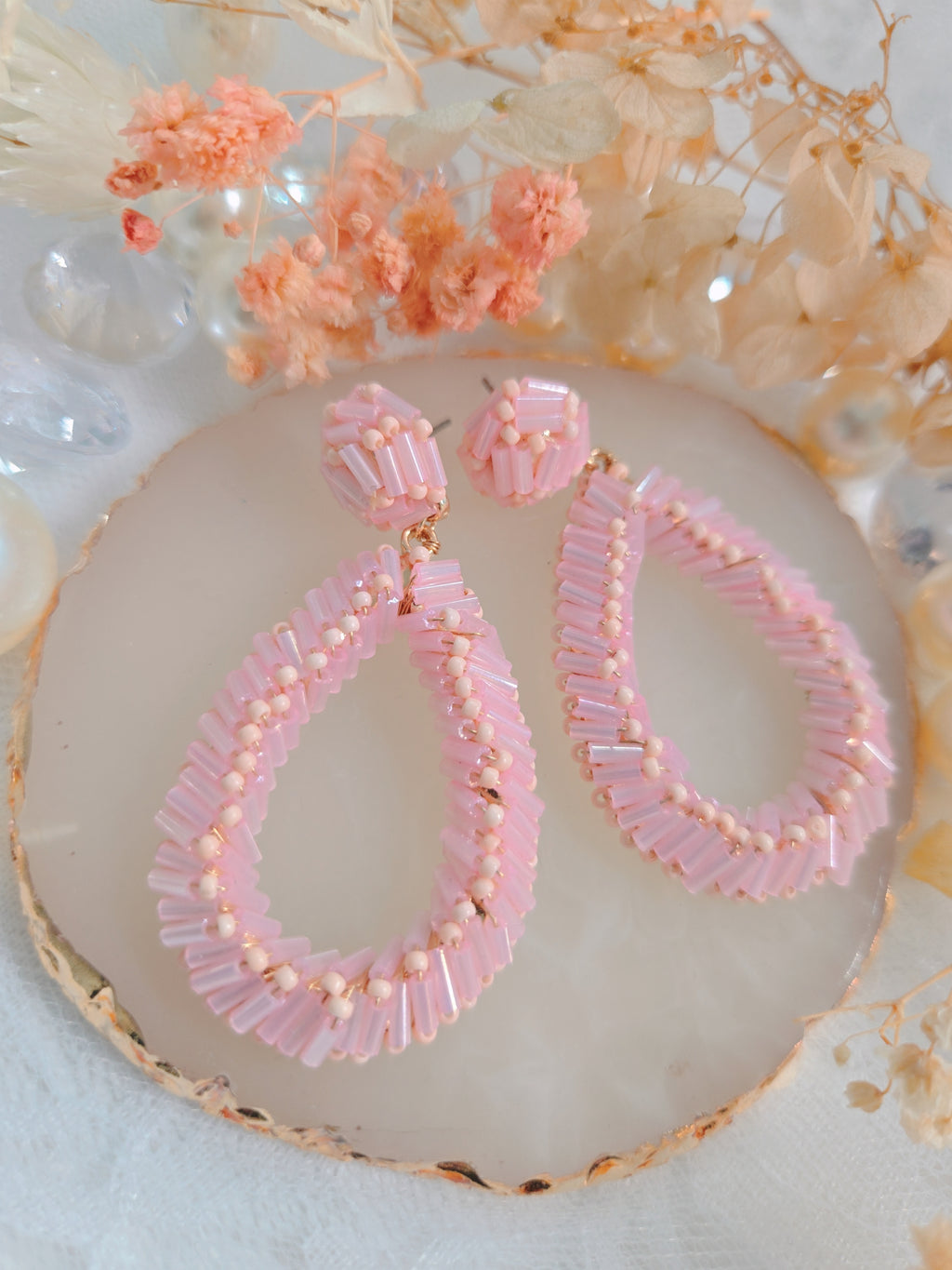 Pink Beaded Teardrop Earrings
