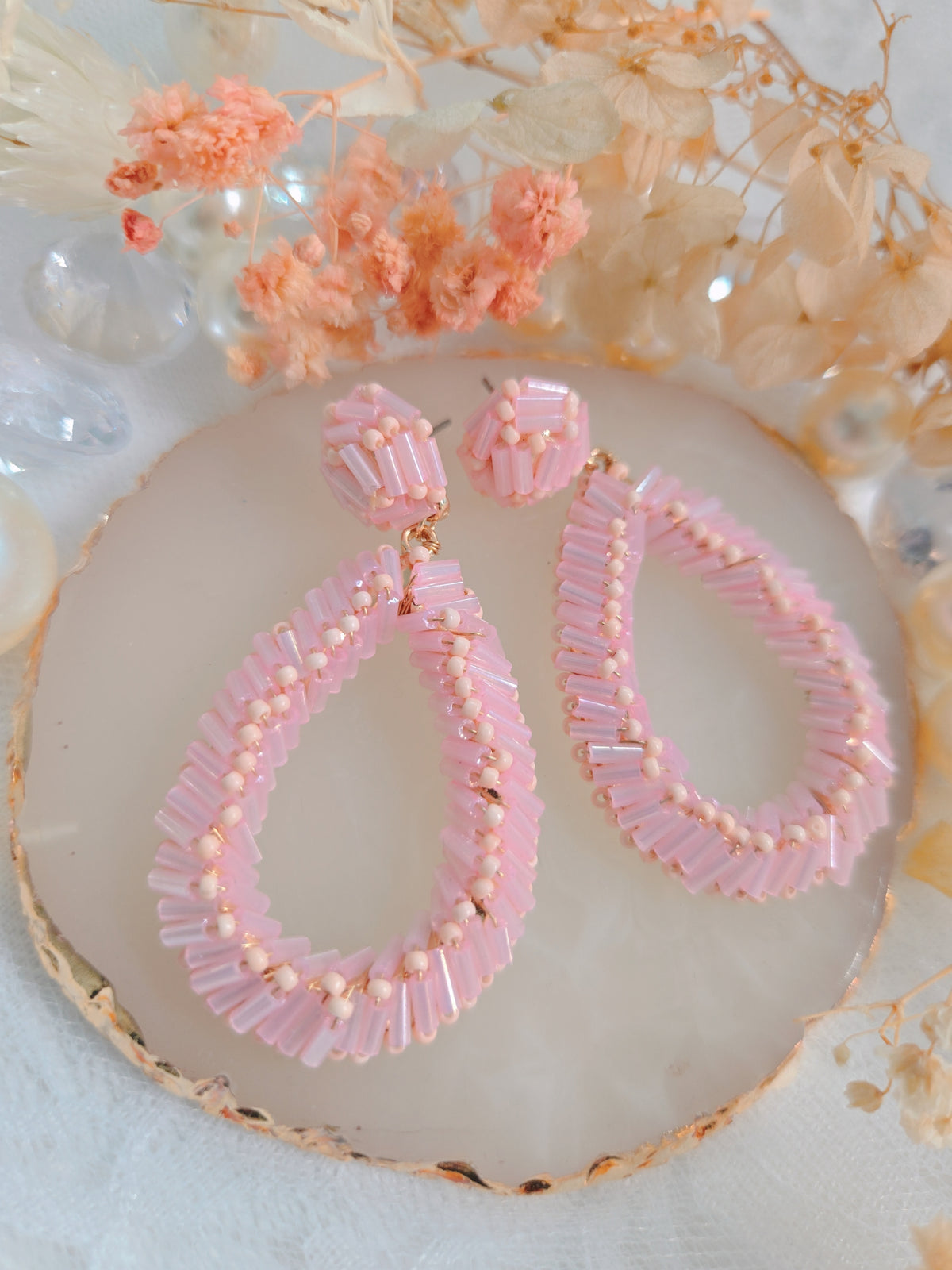 Pink Beaded Teardrop Earrings