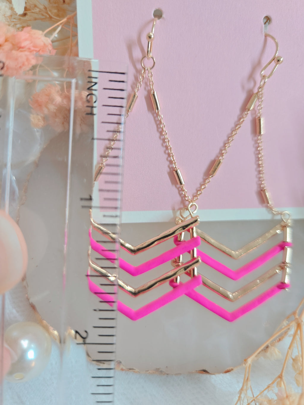 Pink & Gold Chevron Dangle Earrings