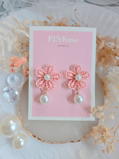 Pink Flower with Pearl Dangle Earring