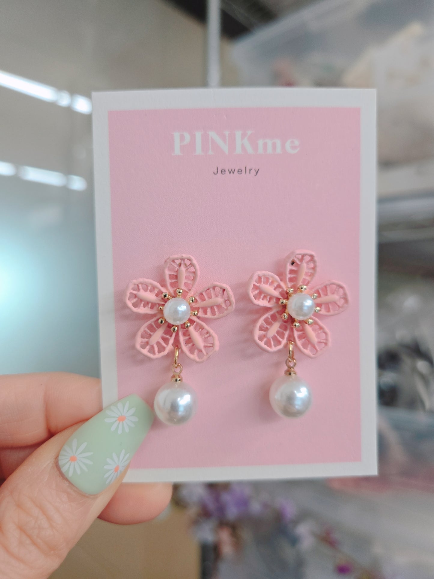 Pink Flower with Pearl Dangle Earring