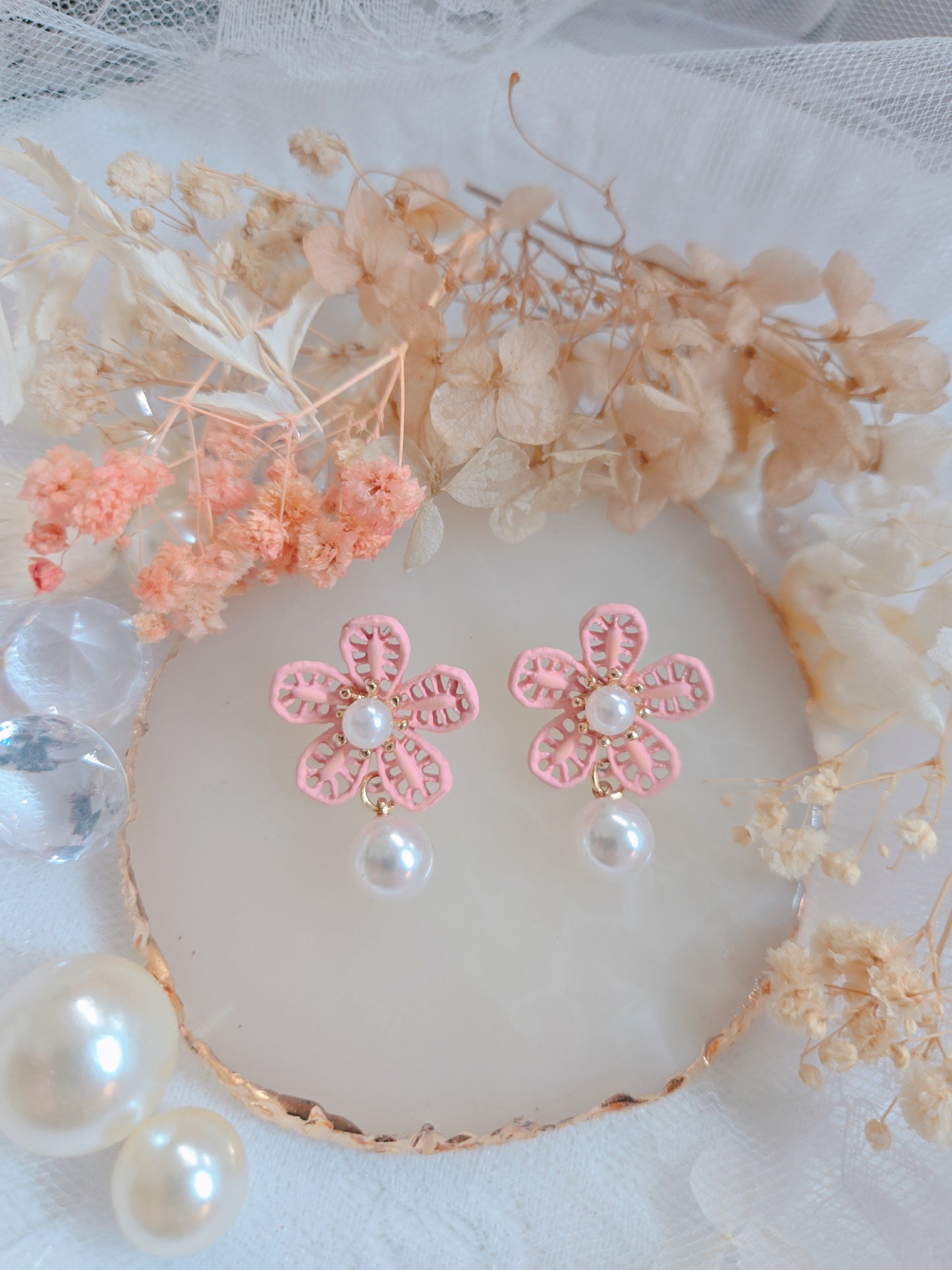 Pink Flower with Pearl Dangle Earring