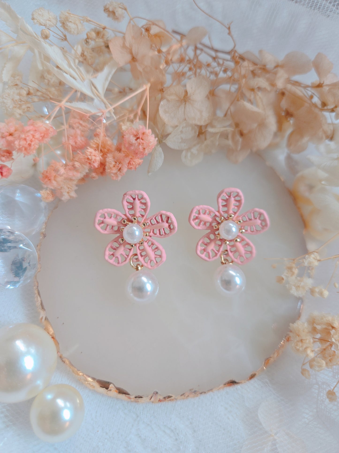 Pink Flower with Pearl Dangle Earring