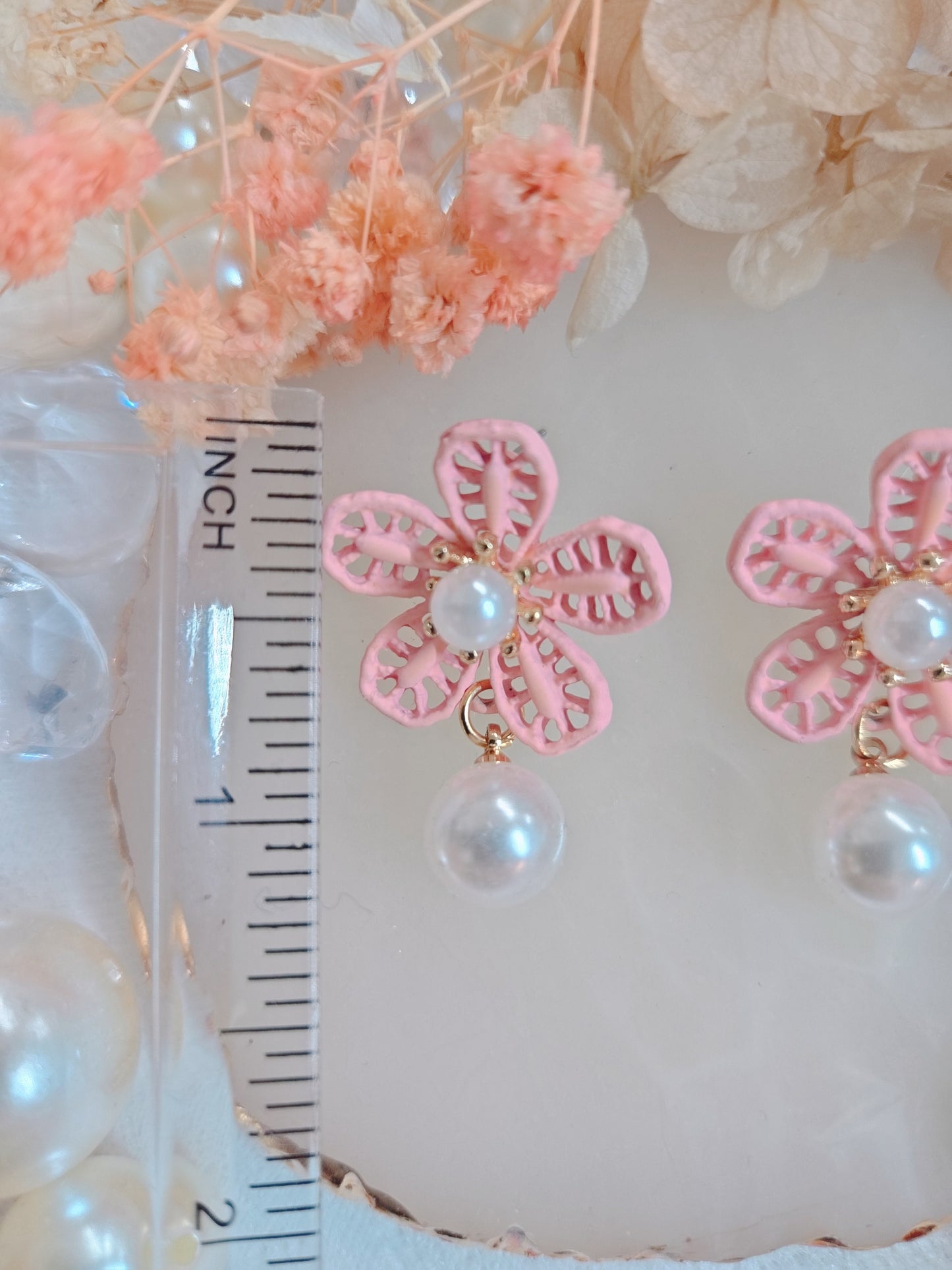 Pink Flower with Pearl Dangle Earring