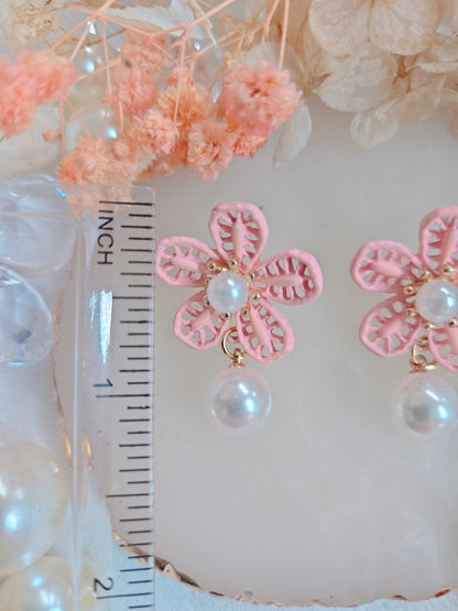 Pink Flower with Pearl Dangle Earring