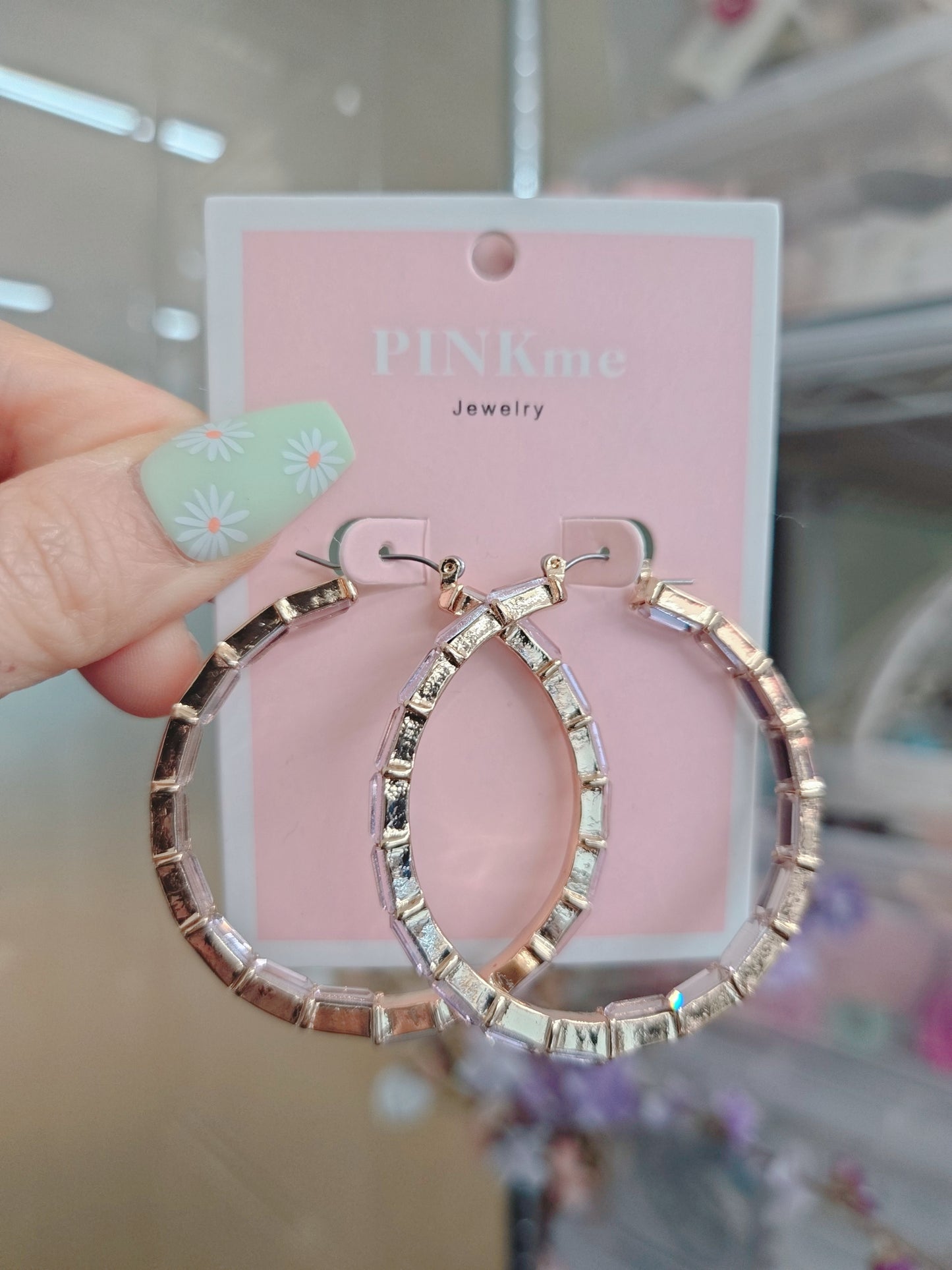 Pink Stone Gold 2" Hoop Earring