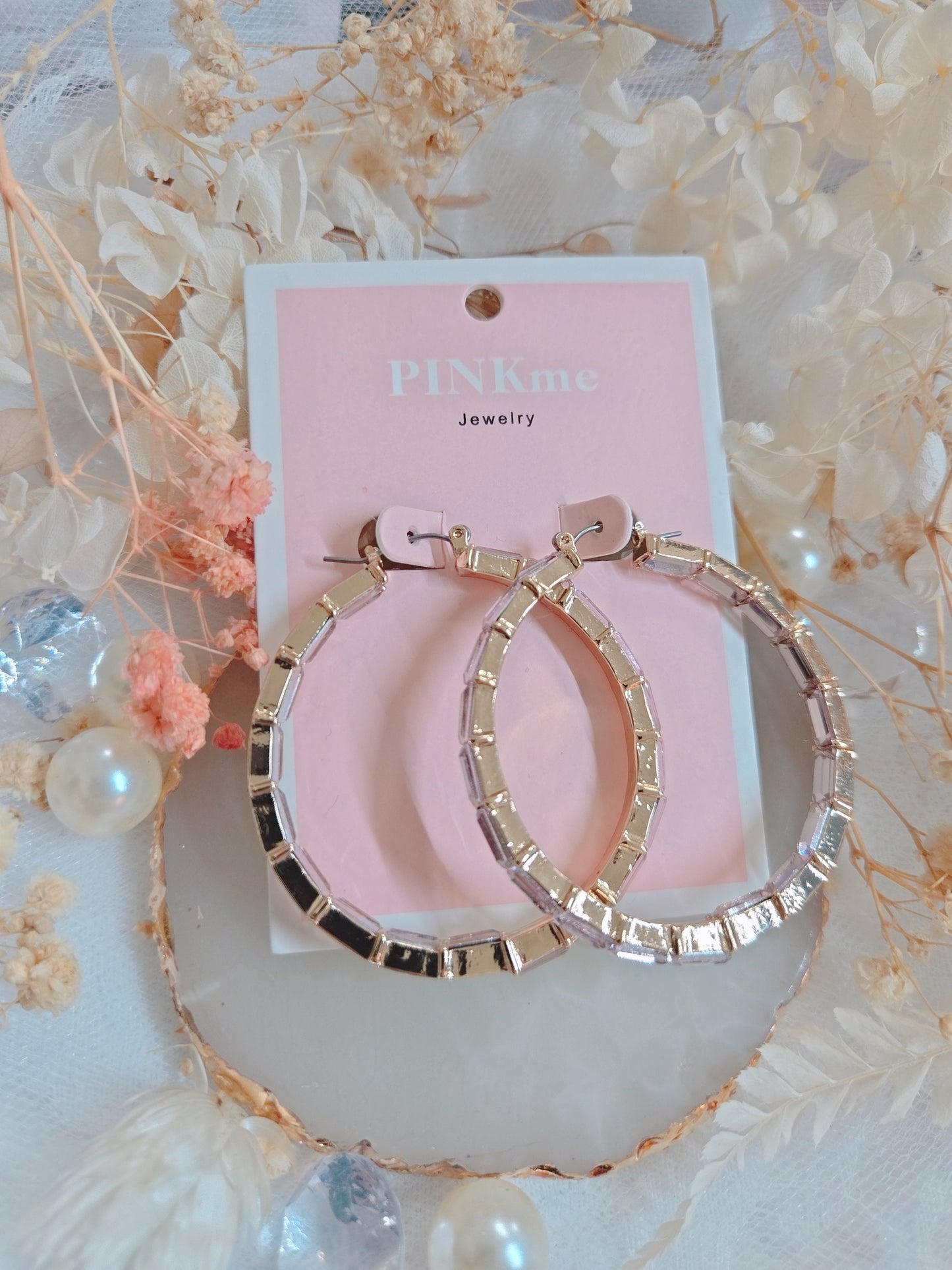 Pink Stone Gold 2" Hoop Earring