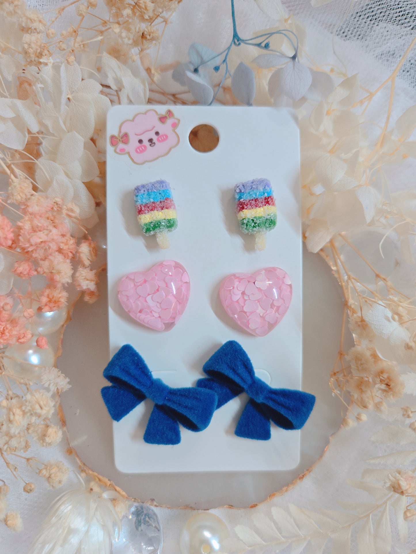 3 Set Ribbon Heart Ice Cream Stud Earring