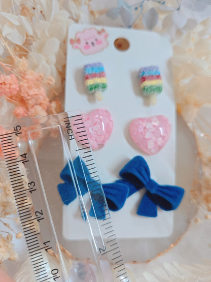 3 Set Ribbon Heart Ice Cream Stud Earring