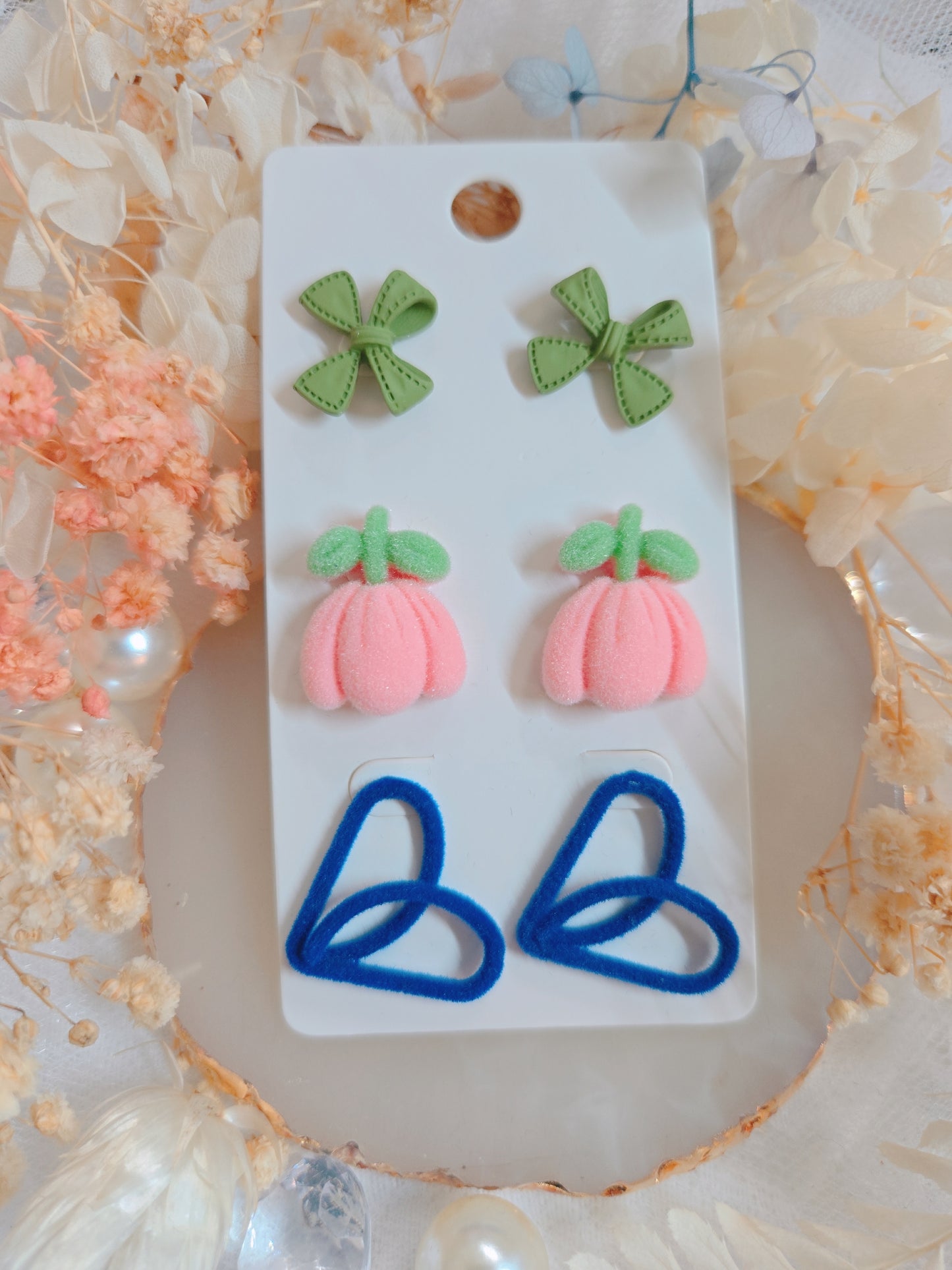 3 Set Ribbon Heart Flower Stud Earring