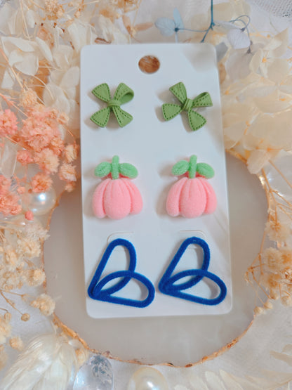3 Set Ribbon Heart Flower Stud Earring
