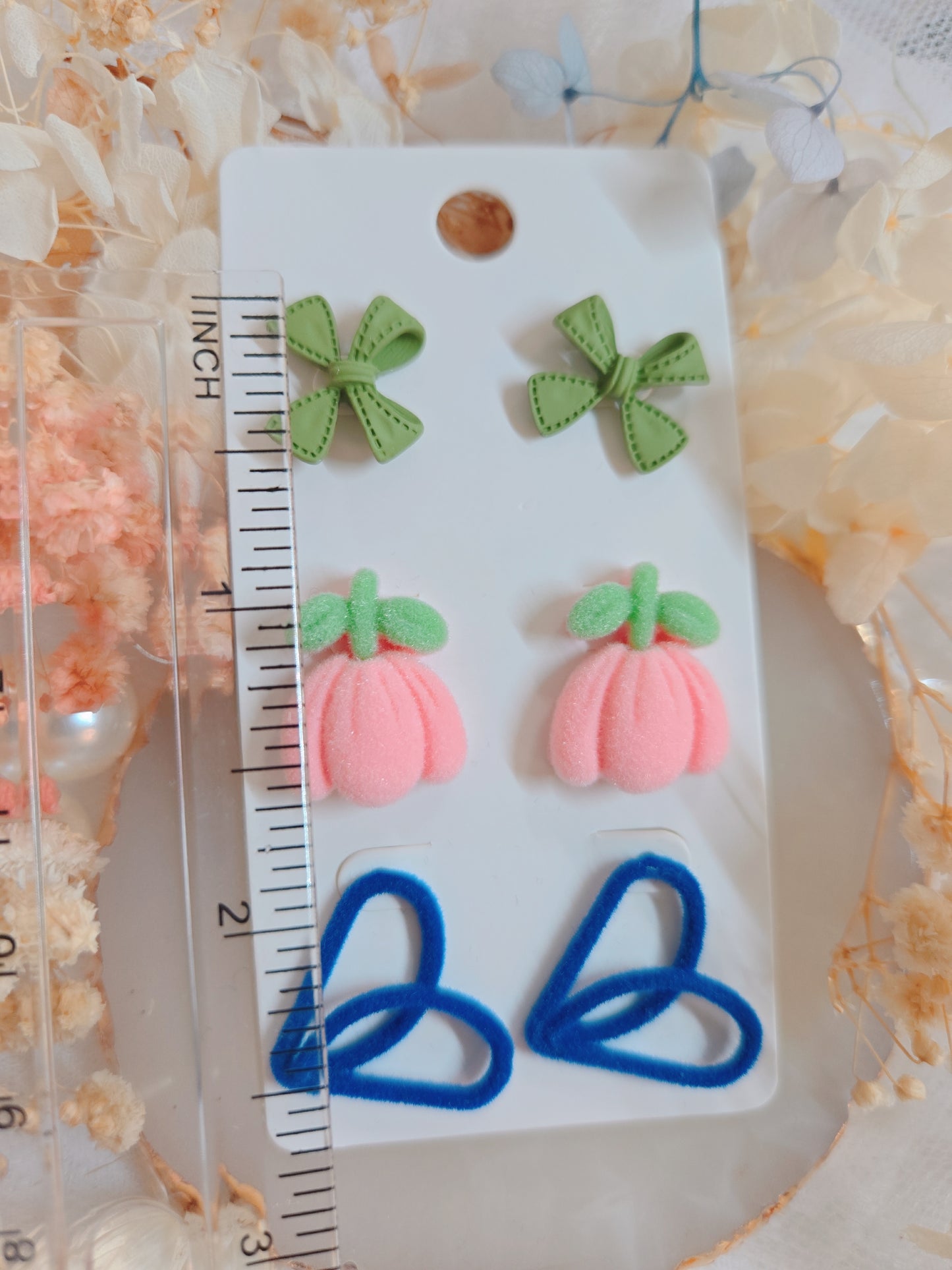 3 Set Ribbon Heart Flower Stud Earring