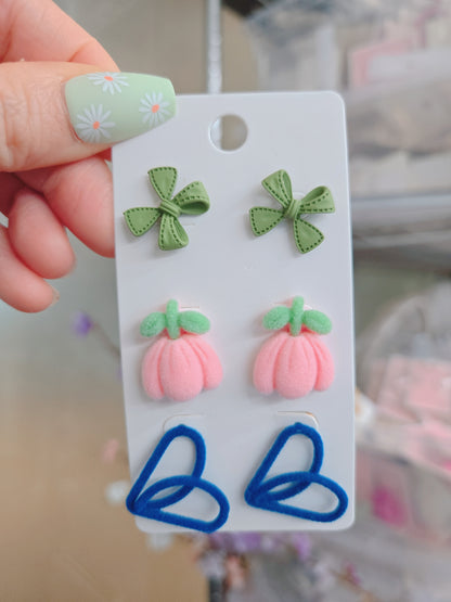 3 Set Ribbon Heart Flower Stud Earring