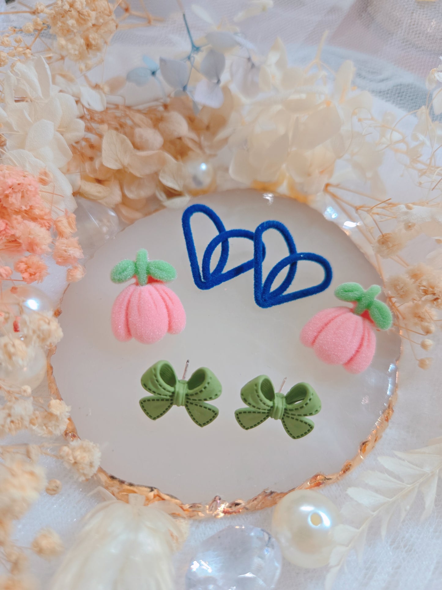 3 Set Ribbon Heart Flower Stud Earring