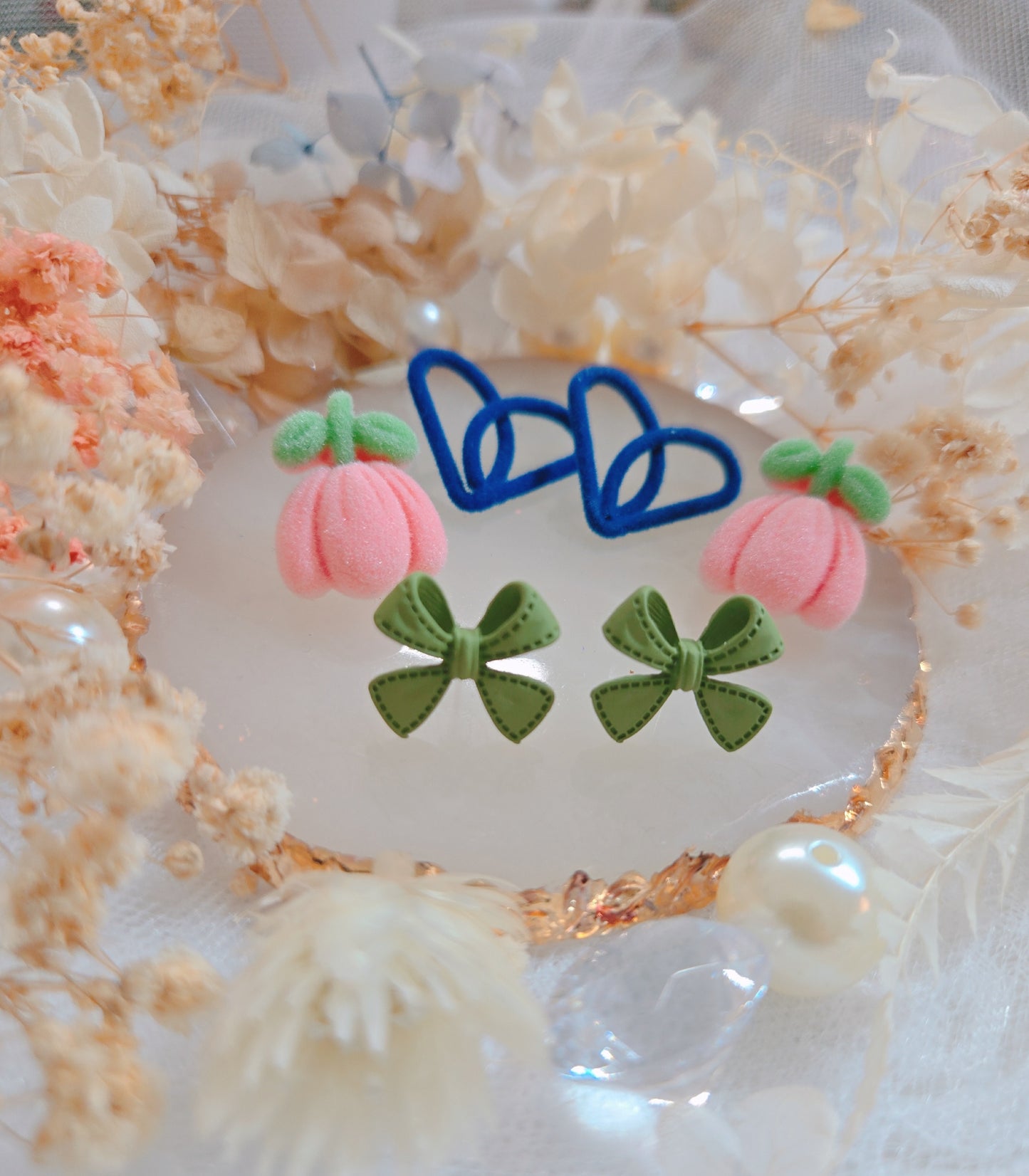 3 Set Ribbon Heart Flower Stud Earring