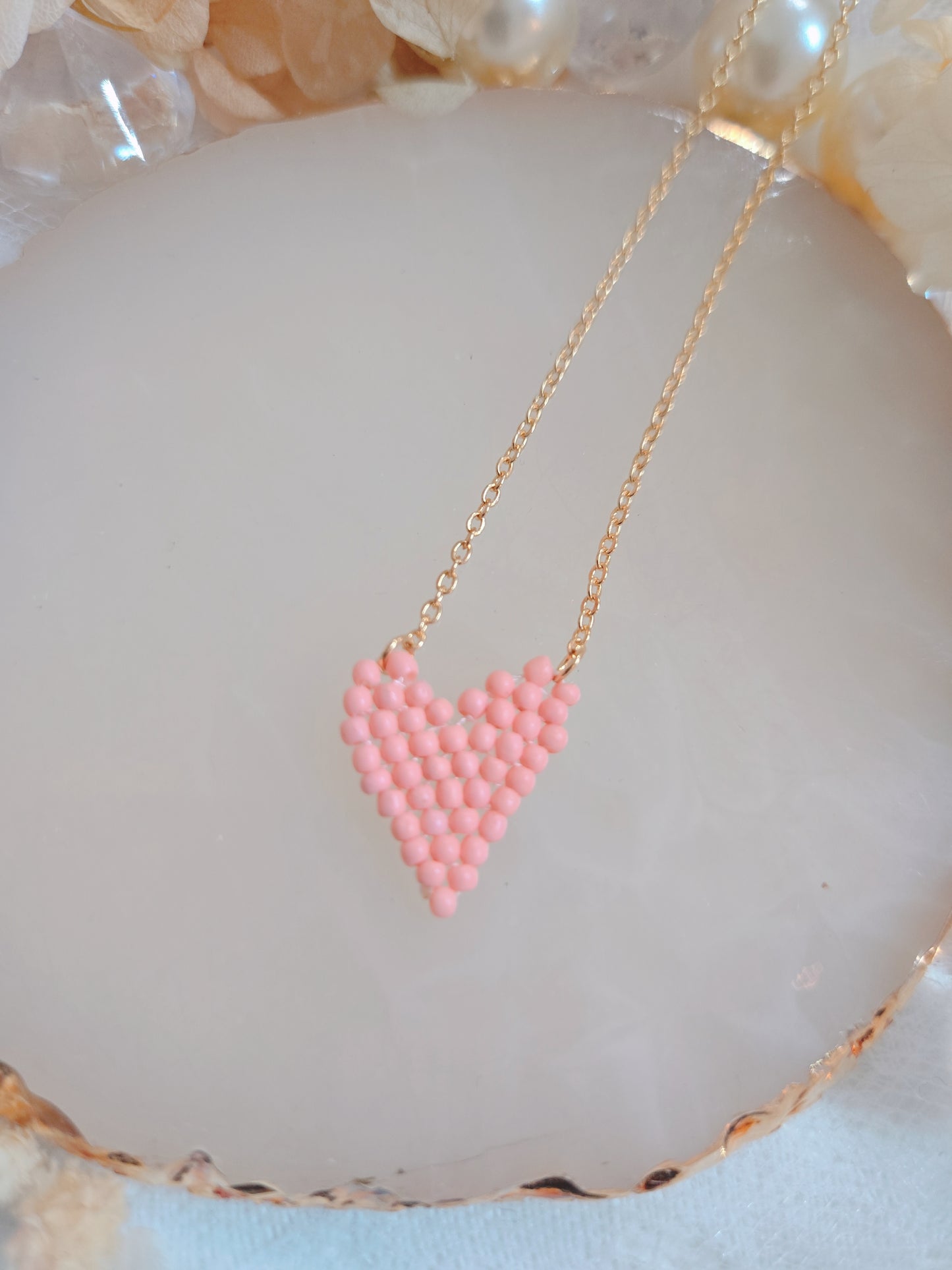 Pink Bead Heart Gold Chain Necklace