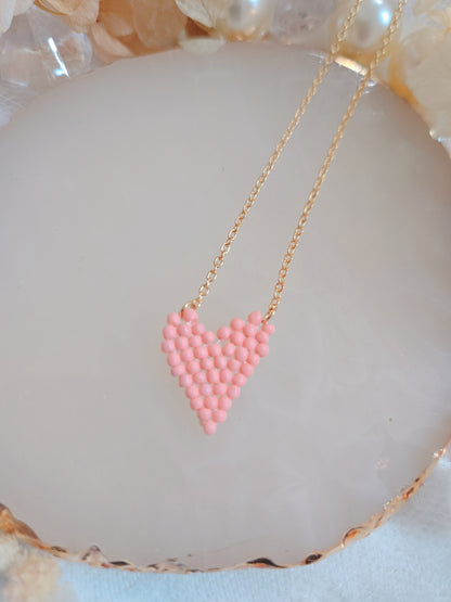 Pink Bead Heart Gold Chain Necklace