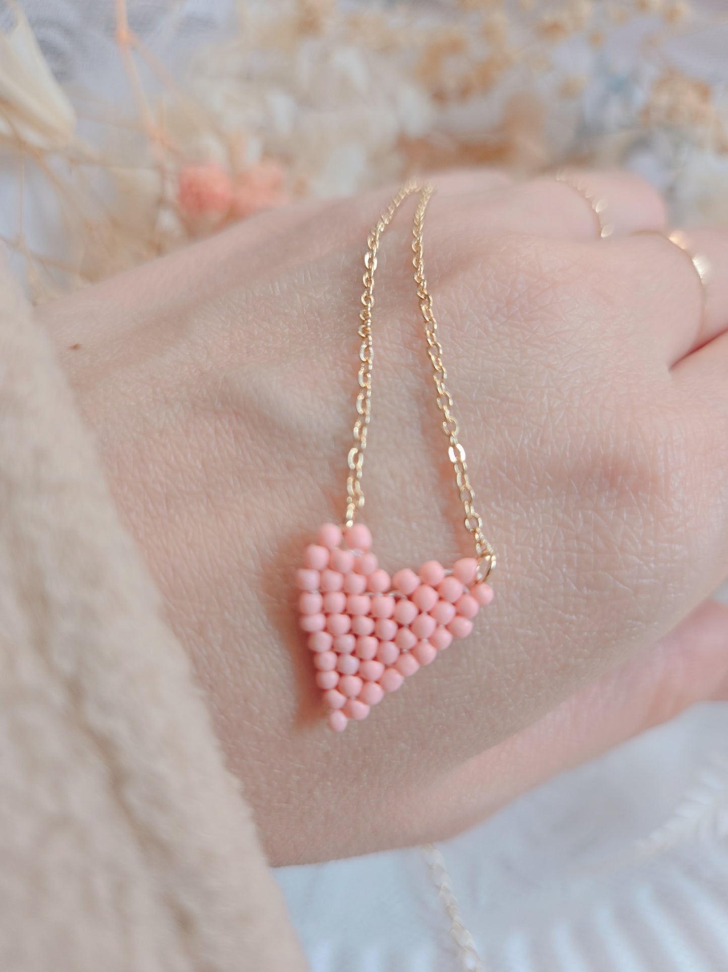 Pink Bead Heart Gold Chain Necklace